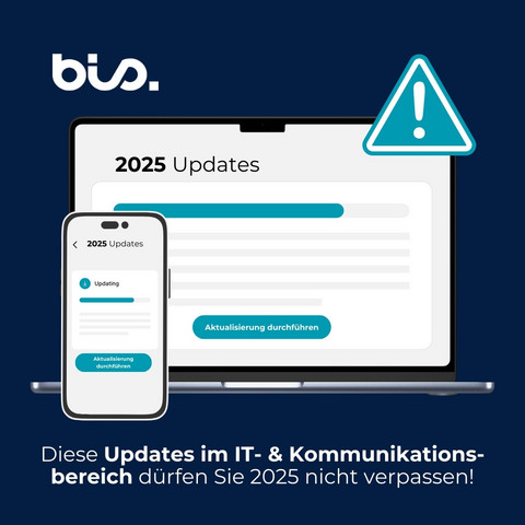 Ein Laptop und ein Handy sind dargestellt und zeigen am Bildschirm die Durchführung eines Updates. Das Titel im Bild heißt "2025 Updates" und unter die Geräte können Sie diese Satz lesen: "Diese Updates im IT- & Kommunikationsbereich dürfen Sie 2025 nicht verpassen!"